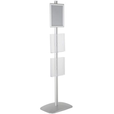 free-standing-stand-in-silver-color-with-1-x-8.5X11-frame-in-portrait-and-landscape-and-2-x-8.5x11-clear-pocket-shelf-single-sided