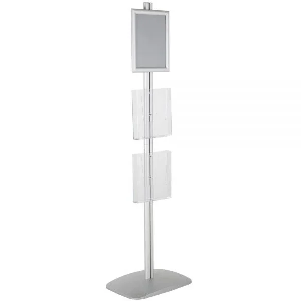 free-standing-stand-in-silver-color-with-1-x-8.5X11-frame-in-portrait-and-landscape-and-2-x-8.5x11-clear-pocket-shelf-single-sided