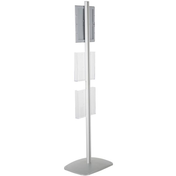 free-standing-stand-in-silver-color-with-1-x-8.5X11-frame-in-portrait-and-landscape-and-2-x-8.5x11-clear-pocket-shelf-single-sided