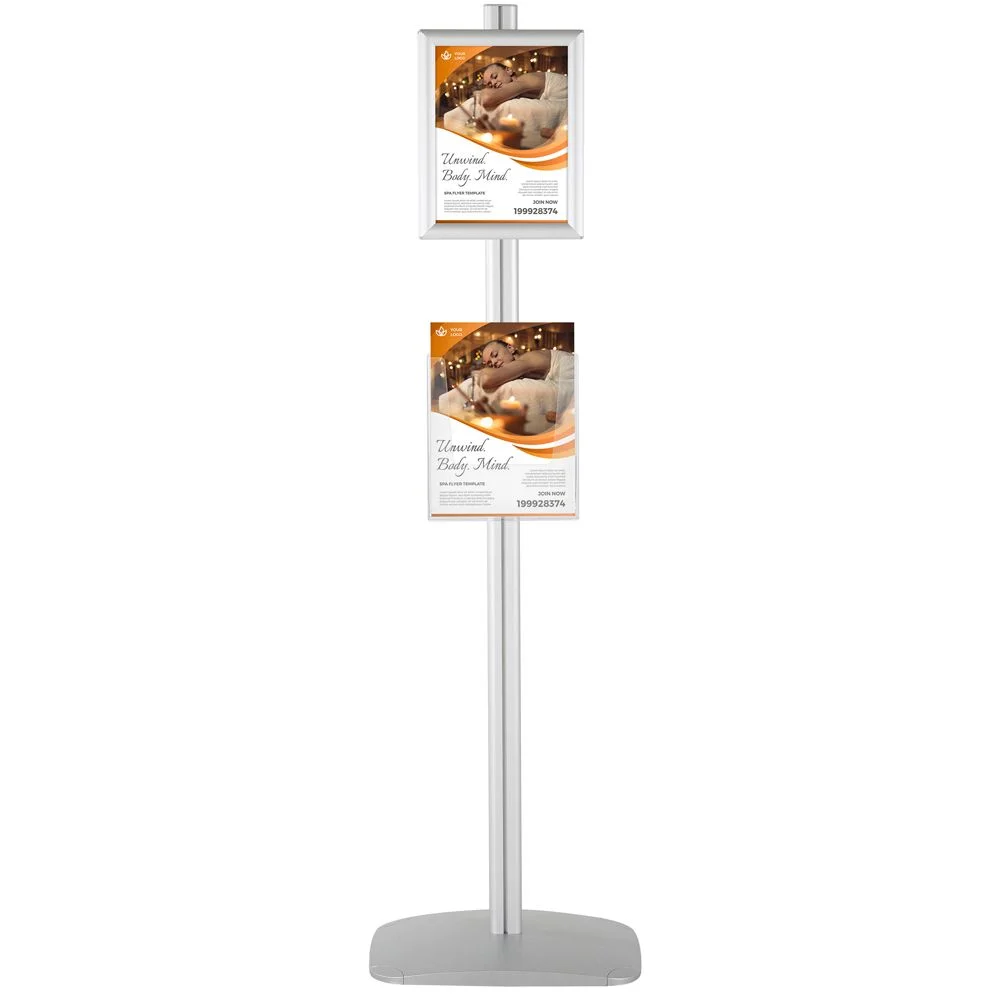 free-standing-stand-in-silver-color-with-2-x-8.5x11-frame-in-portrait-and-landscape-and-2-x-8.5x11-clear-pocket-shelf-double-sided-4 free-standing-stand-in-silver-color-with-2-x-8.5x11-frame-in-portrait-and-landscape-and-2-x-8.5x11-clear-pocket-shelf-double-sided-4