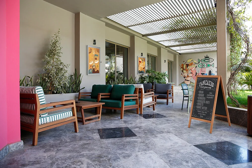 23-6-x-47-25-wood-a-board Wooden A Frame Chalk board in an outdoor seating space