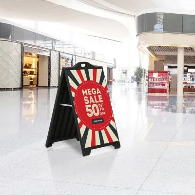 Mega Sale advertised in a shopping mall on a SignPro Sidewalk Sign A-Board