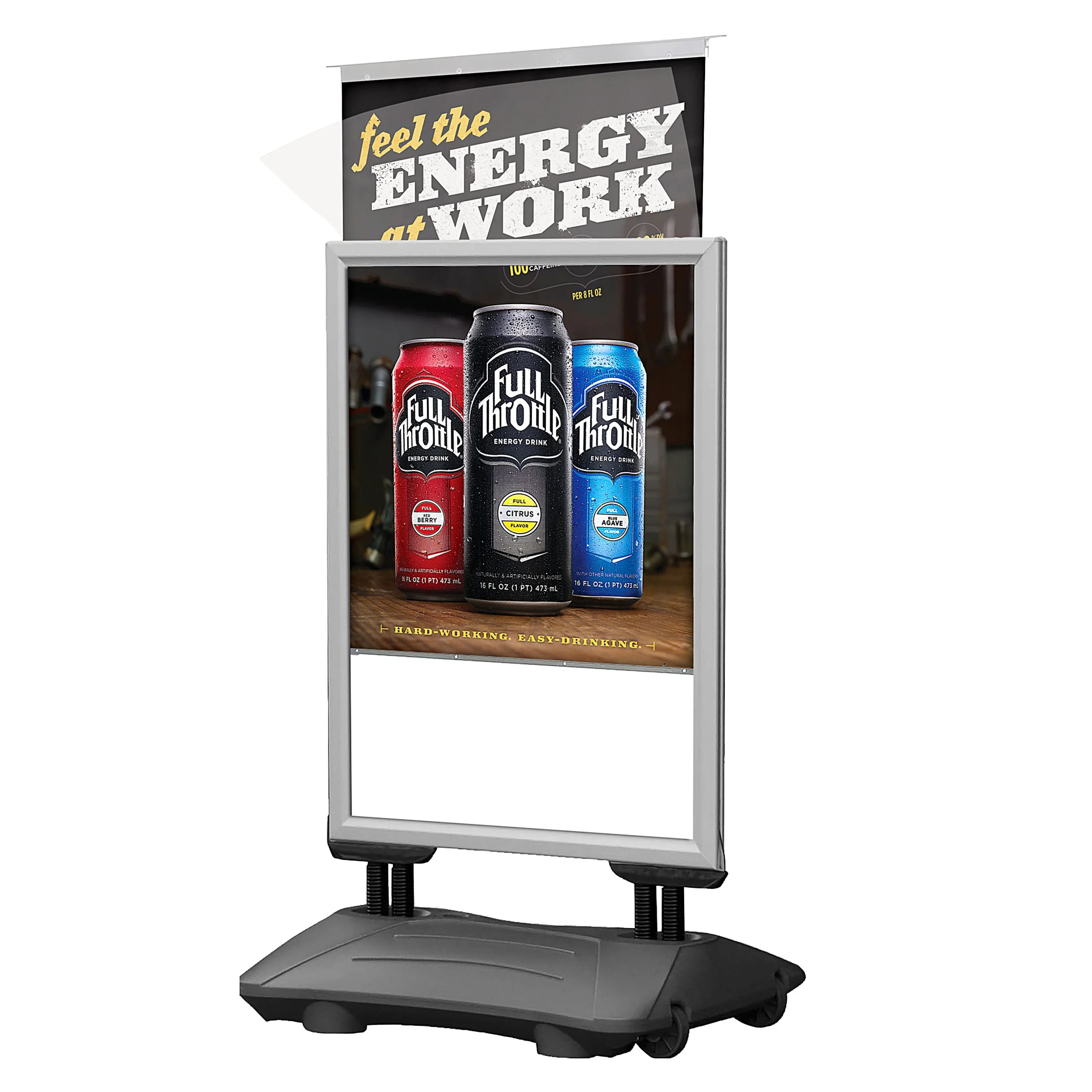 22w x 28h SlideIn WindPro Silver Frame Gray Water Base Sidewalk Sign poster of three energy drinks shown in a Slide-In WIndPro Silver water base sign