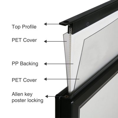 30w x 40h Slide-in WindPro Black Frame Black Water Base Sidewalk Sign showing all the different parts to the frame