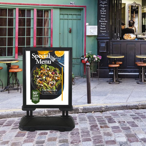 Menu Special Sign on a WindPro Black Framed Sidewalk Sign outside a small restaurant