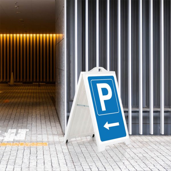 Parking Left sign on a white SignPro Sidewalk Sign