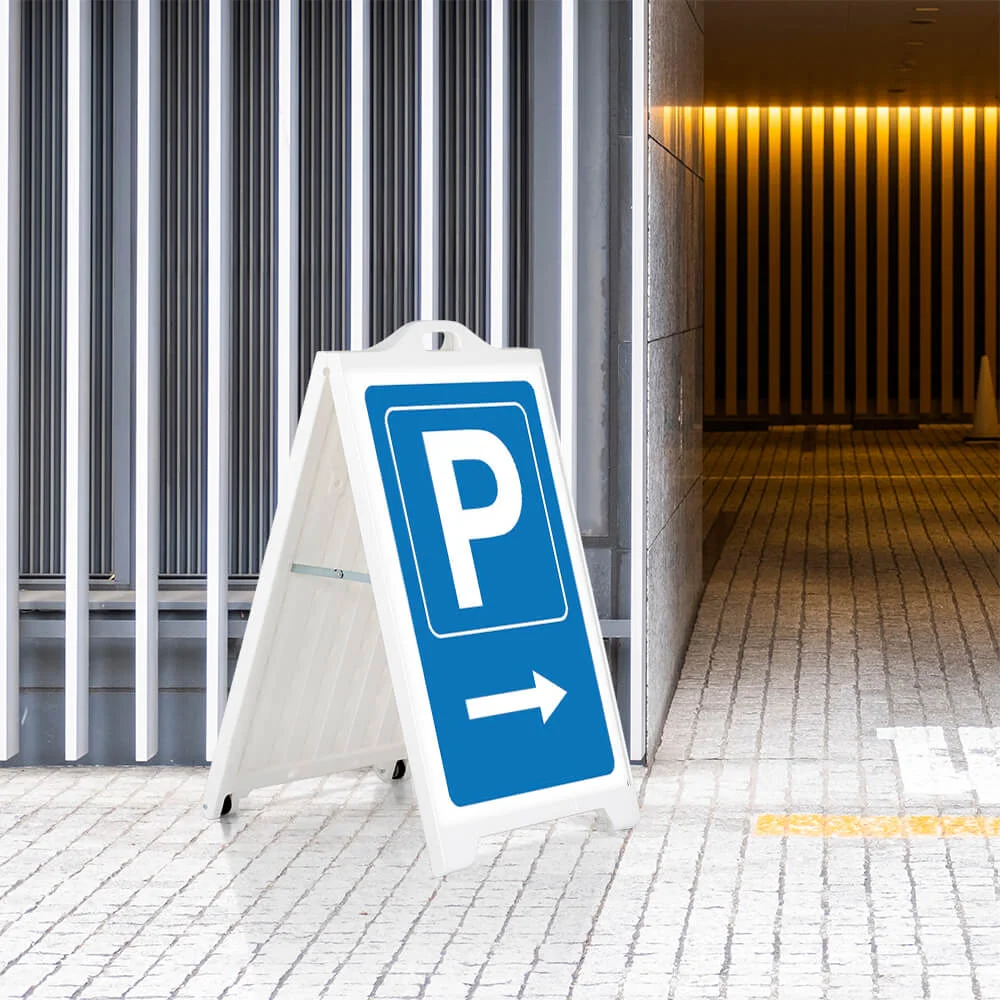signpro-sidewalk-sign Parking Right on a white SignPro Sidewalk Sign outside of a parking garage