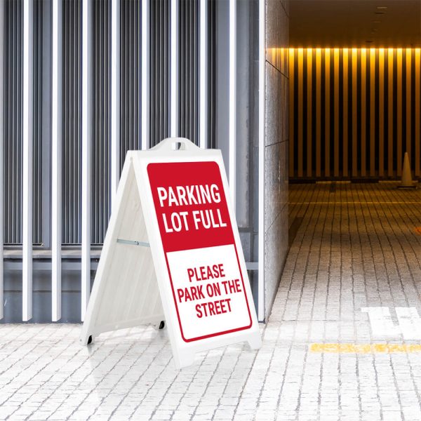 Parking lot full sign on a White SignPro Sidewalk Sign outside of a parking garage