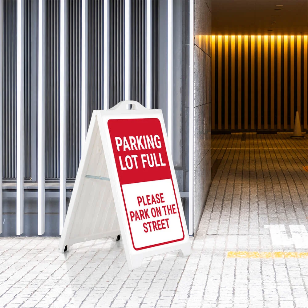 Parking lot full sign on a White SignPro Sidewalk Sign outside of a parking garage