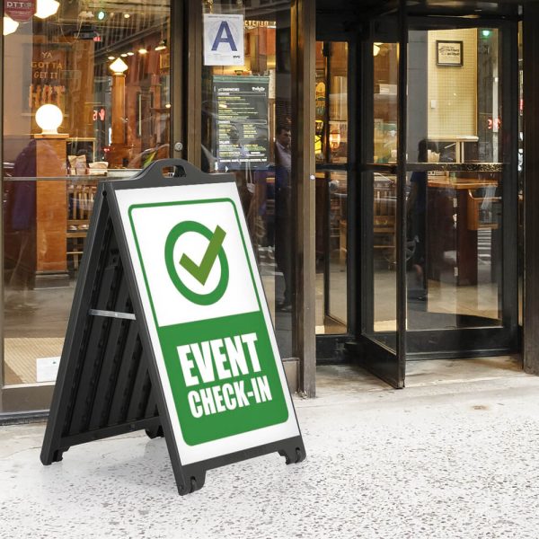 Event Check in sign on a Black A-Board SignPro Sidewalk sign outside of the event venue