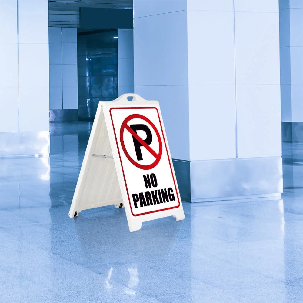 signpro-sidewalk-sign No parking Sign on a White SignPro Sidewalk Sign outside of a parking garage
