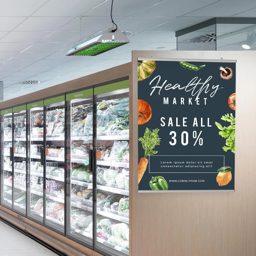 36-poster-snap-hanger-set-1-02-inch large poster hanging on the side of the freezer section in the grocery store