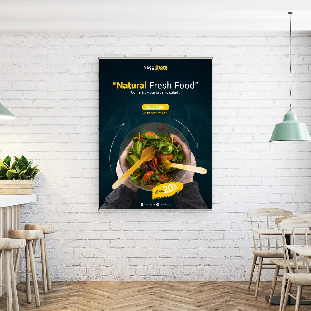 48-poster-snap-hanger-set-1-02-inch large poster hanging on a white brick wall in a small restaurant