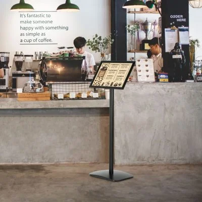 Restaurant menu on a Reusable aluminum sign post in a coffee shop