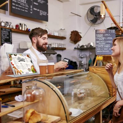 Arc Desktop Menu holder holding the menu of a cafe on top of the counter while a customer is ordering