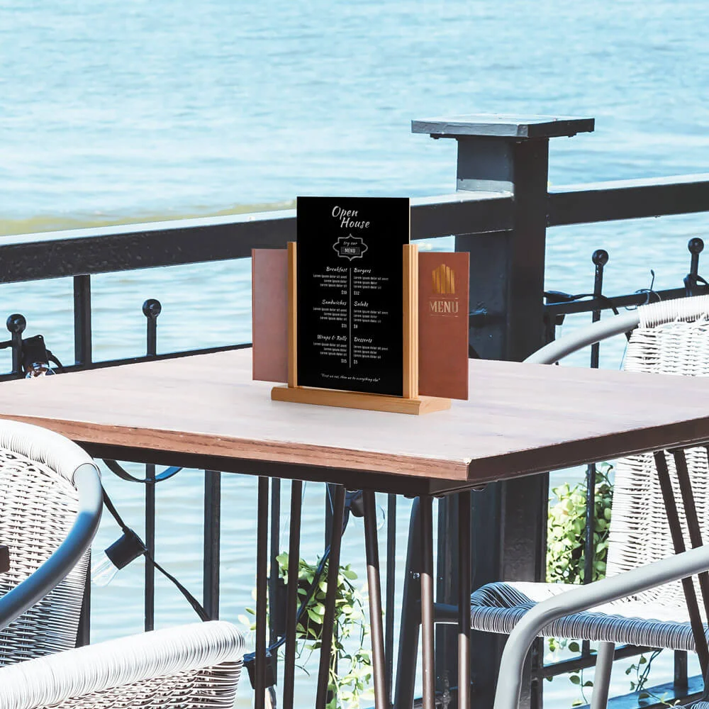 duo-vintage-desktop-menu-holder Duo Vintage Desktop Menu Holder on a table near the ocean