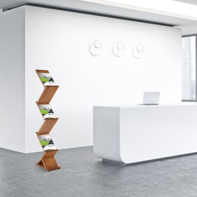 Zick Zack Literature Holder / Brochure Stand next to a reception desk in an office building