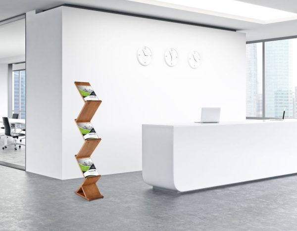 Zick Zack Literature Holder / Brochure Stand next to a reception desk in an office building