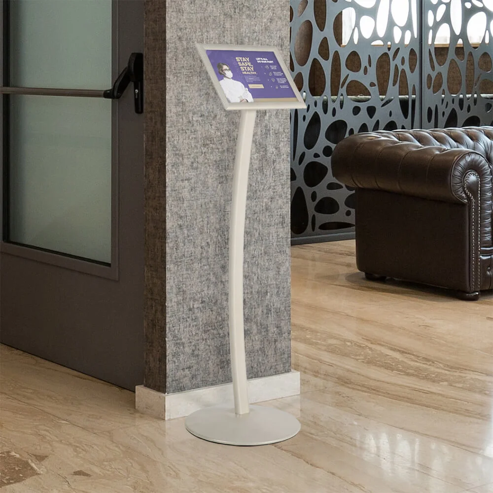 pedestal-sign-holder-restaurant-menu white pearlic landscape floor standing menu board in a restaurant