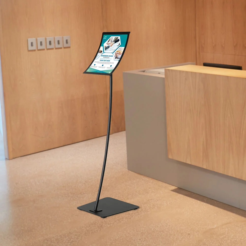 arc-menuboard-magnetic-frame Arc Menu Board with magnetic frame in front of the check-in desk at a hotel