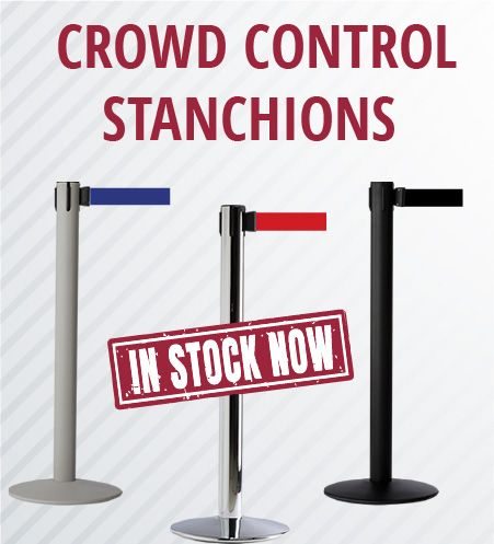 three different Crowd Control Stanchions - Gray with Blue Ribbon, Silver with Red Ribbon, and Black with Black ribbon
