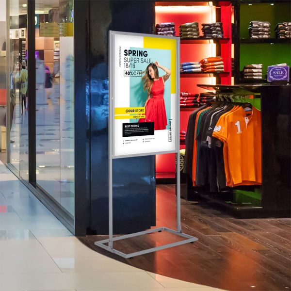 single tiered gray metal eco infoboard in a menswear shop