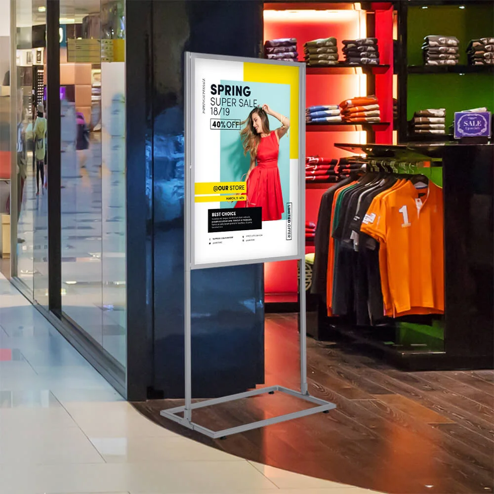 24w-x-36h-metal-eco-infoboard single tiered gray metal eco infoboard in a menswear shop