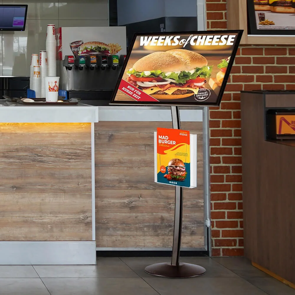 black-18x22-inch-pedestal A large menu board on the customer side of the counter at a restaurant