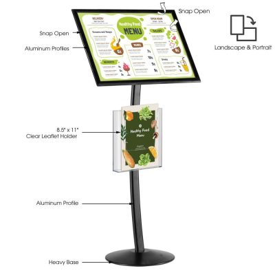 Black Pedestal Sign Holder with measurements and accessories