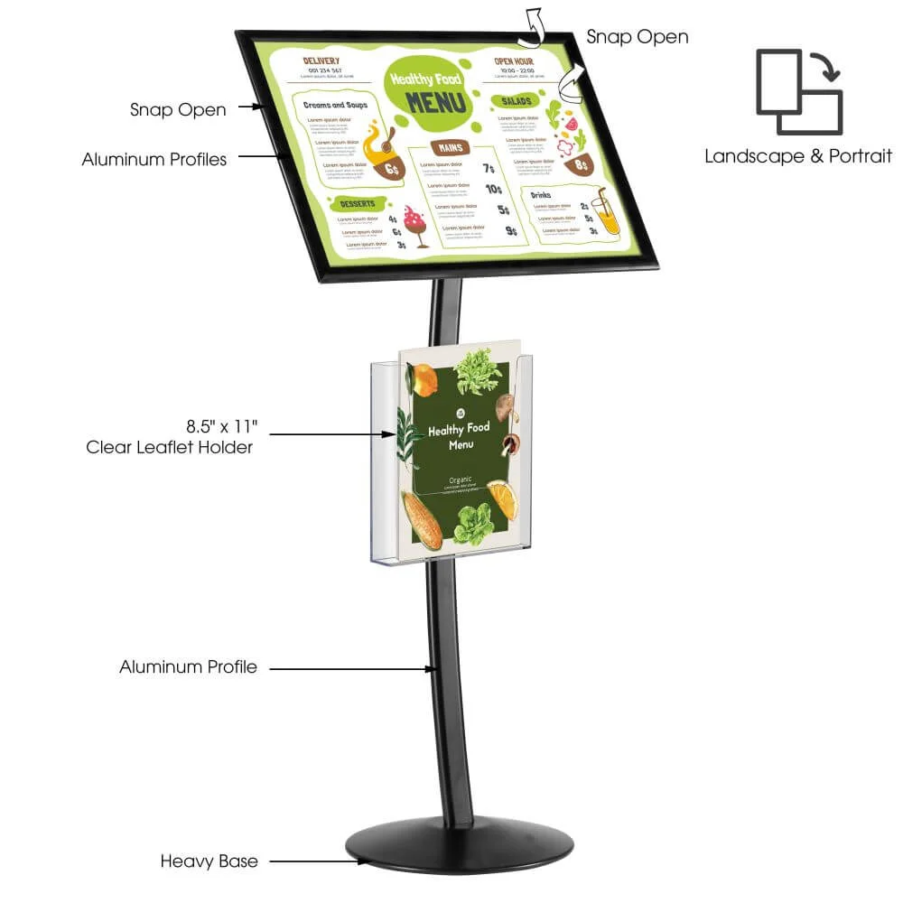 black-18x24-inch-pedestal-sign-holder-with-clear-brochure-holder-menu-board-floor-standing (2) Black Pedestal Sign Holder with measurements and accessories