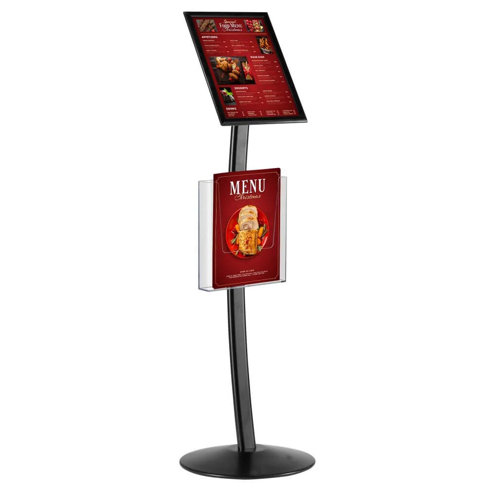 black-8-5x11-inch-pedestal-sign-holder-with-clear-brochure-holder-menu-board-floor-standing (1) Black Pedestal Sign Holder with clear brochure holder