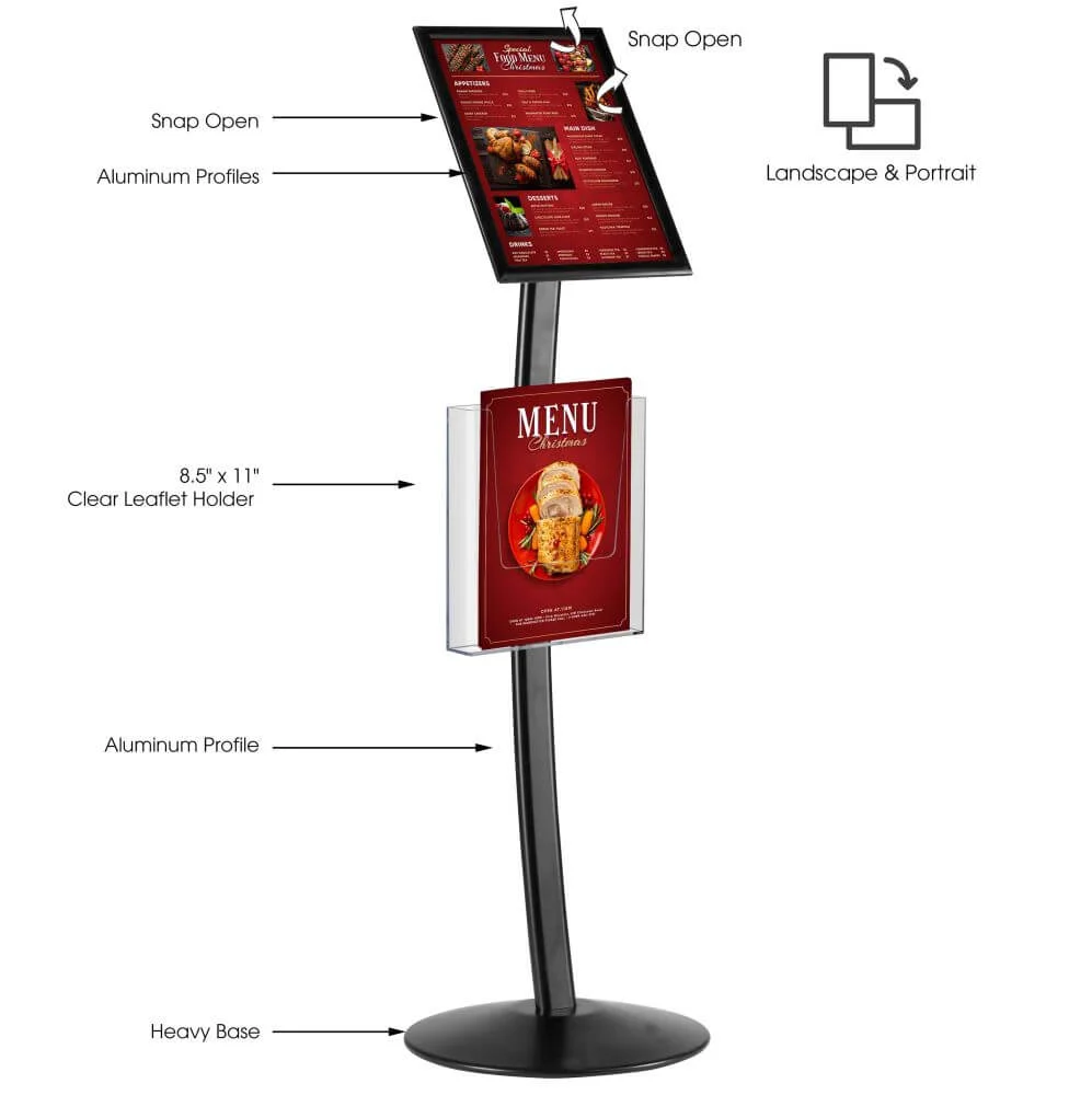 black-8-5x11-inch-pedestal-sign-holder-with-clear-brochure-holder-menu-board-floor-standing (2) Black Pedestal Sign Holder with Measurements and accessories