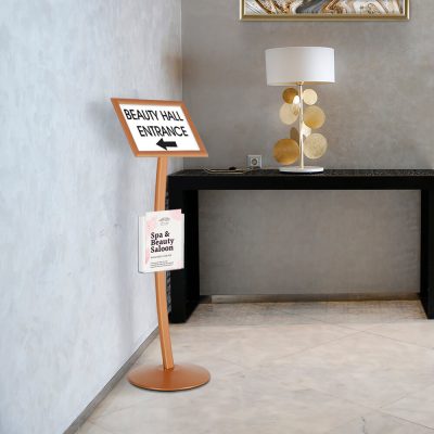 A pedestal sign holder in a Spa & Beauty salon