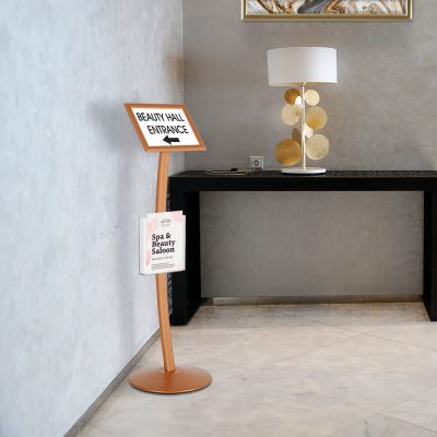 A pedestal sign holder in a Spa & Beauty salon