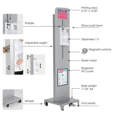 Gray Touchless hand sanitizer dispenser with labels detailing the features of the product