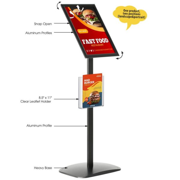 Pedestal Sign Holder with Clear brochure holder with measurements & Accessories