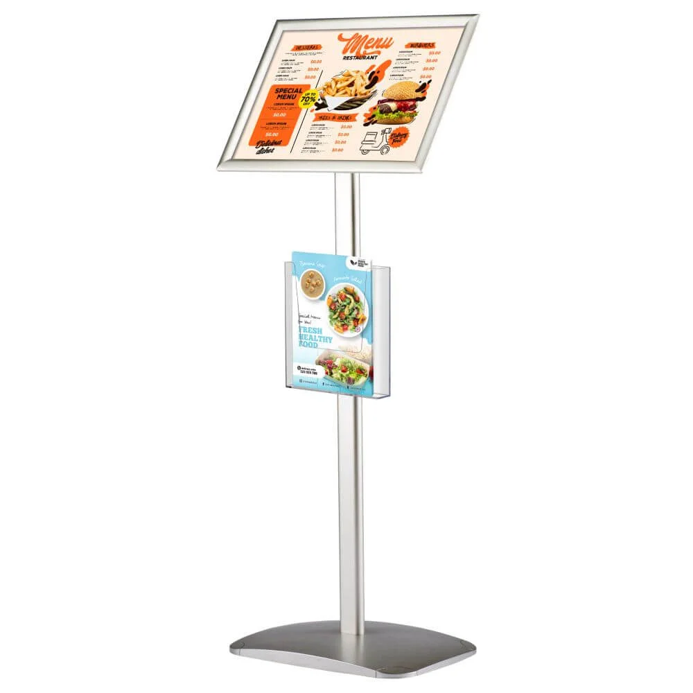 pedestal-sign-holder-with-clear-brochure-holder-silver-11x17-inch-floor-standing (1) Pedestal Sign Holder with Clear brochure holder