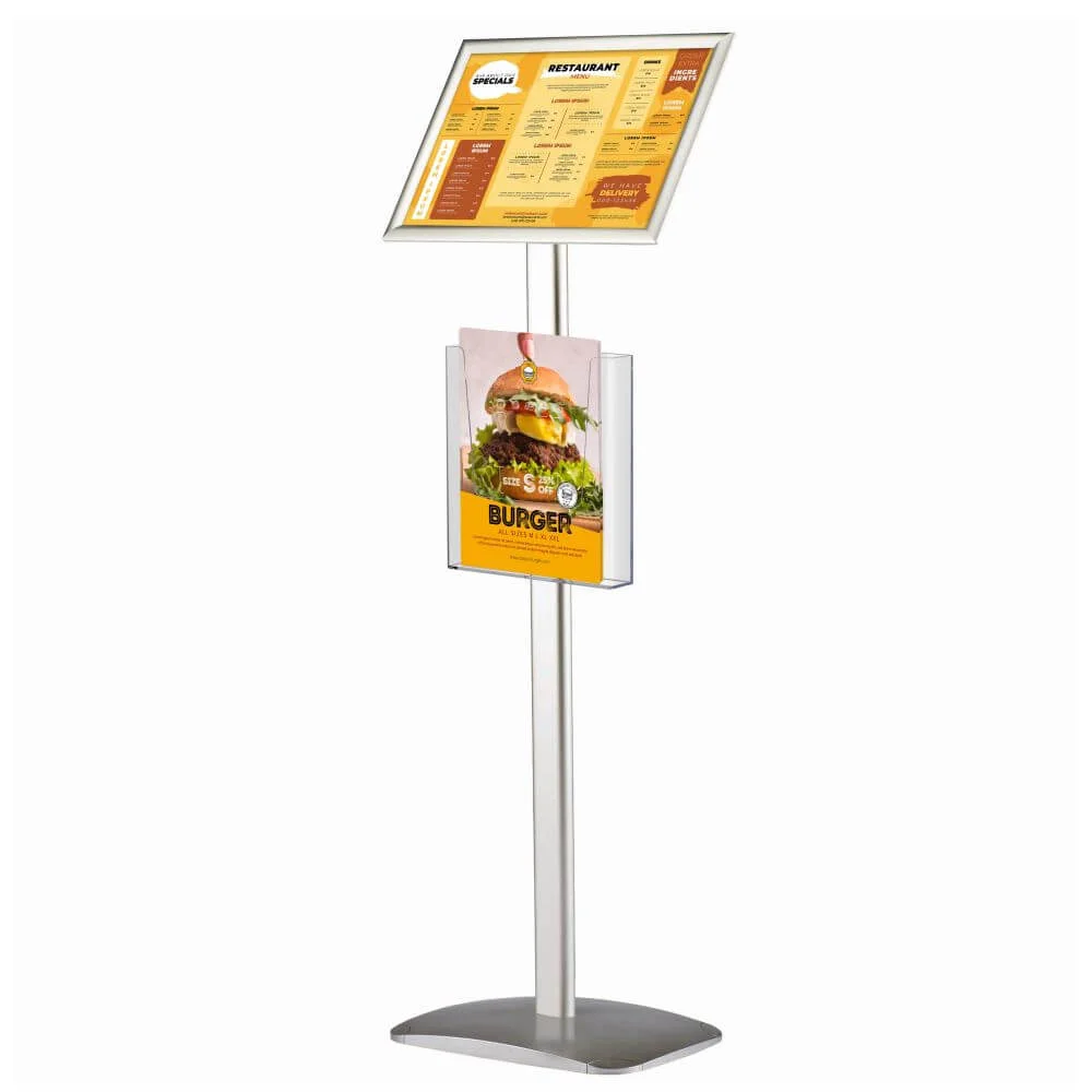pedestal-sign-holder-with-clear-brochure-holder-silver-8-5x11-inch-floor-standing (1) Pedestal Sign Holder with Clear brochure holder