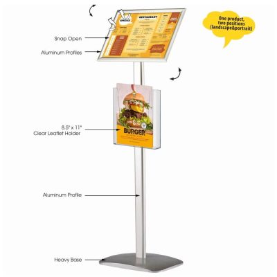 Pedestal Sign Holder with Clear brochure holder with measurements and accessories