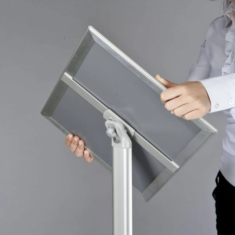 pedestal-sign-holder-with-clear-brochure-holder-silver-8-5x11-inch-floor-standing (6) Pedestal Sign Holder with Clear brochure holder adjustable top