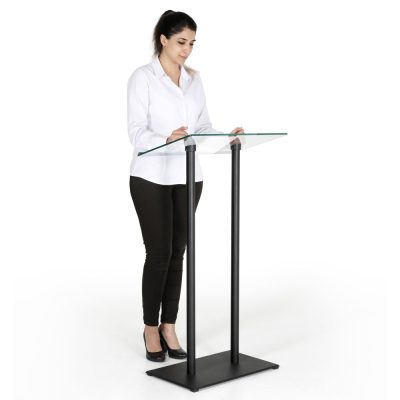 woman behind tempered-clear-glass-podium-black-aluminum-frame-and-base-lectern-pulpit-desks