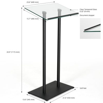 tempered-clear-glass-podium-black-aluminum-frame-and-base-lectern-pulpit-desks with measurements
