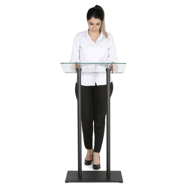 woman behind a tempered-clear-glass-podium-black-aluminum-frame-and-base-lectern-pulpit-desks