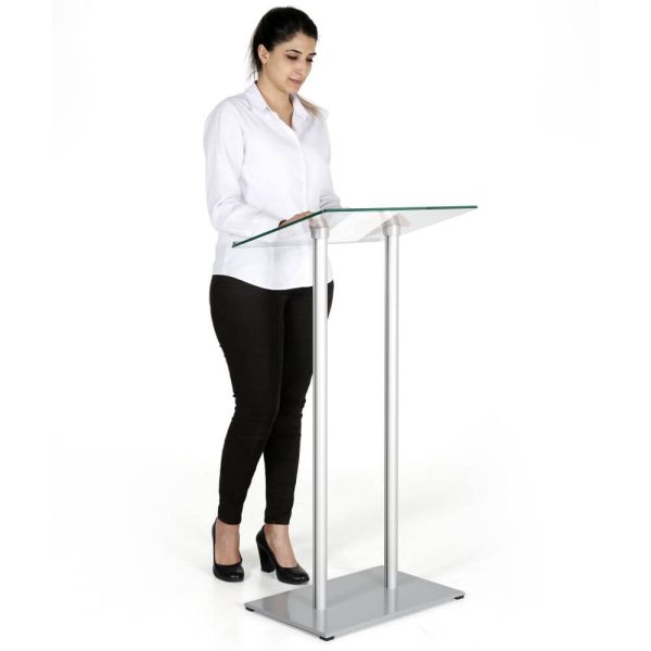 woman standing behind a Tempered glass silver podium and lectern pulpit desk