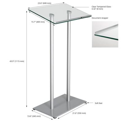 Tempered glass silver podium and lectern pulpit desk with measurements
