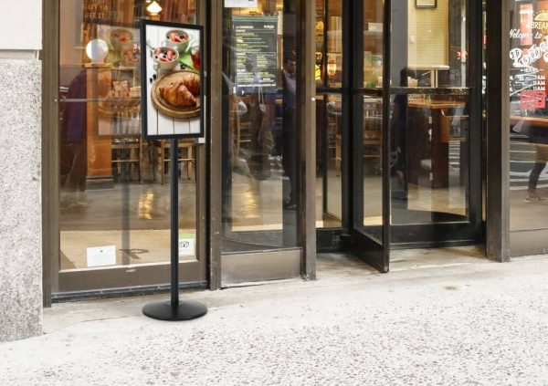 Pedestal Sign holder Stand outside of a cafe