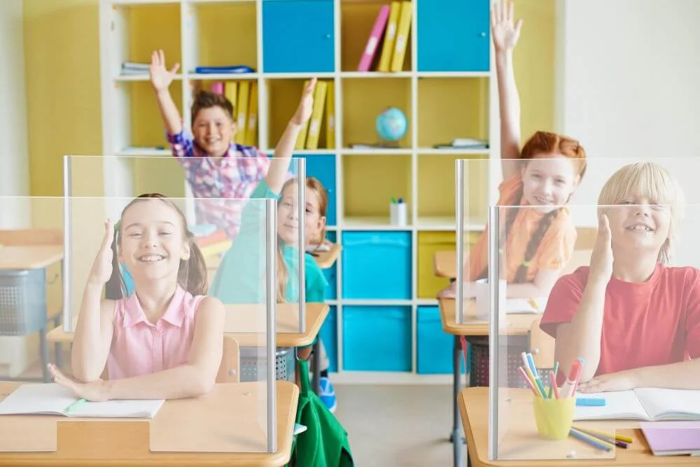foldable-sneeze-guard-with-slot-cough-barrier-student-desk-divider-18x-16-x-9 (5) Foldable Sneeze Guard with Slot for Student Desk - Cough Barrier in classroom