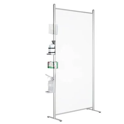 Clear wall panels with hand sanitizer dispenser connected to the edge