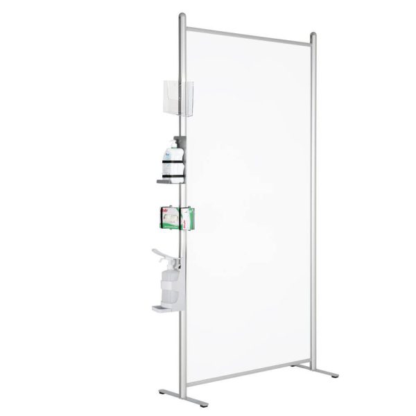 Clear wall panels with hand sanitizer dispenser connected to the edge