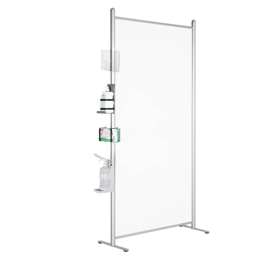 Clear wall panels with hand sanitizer dispenser connected to the edge